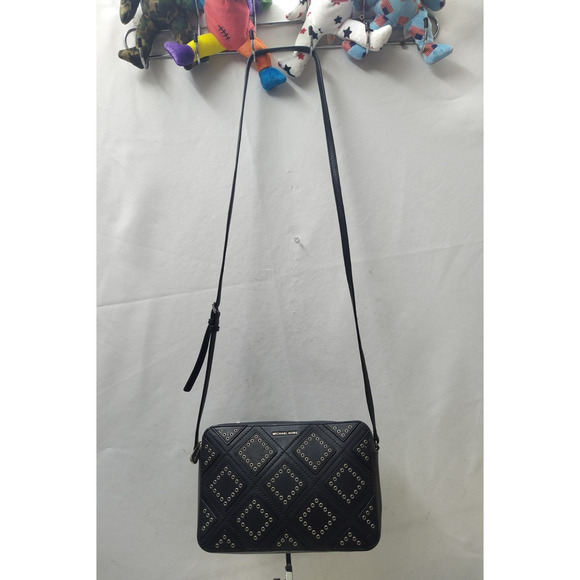 Michael Kors Jet Set Travel Black Leather Diamond Grommet Crossbody Bag - Picture 7 of 16